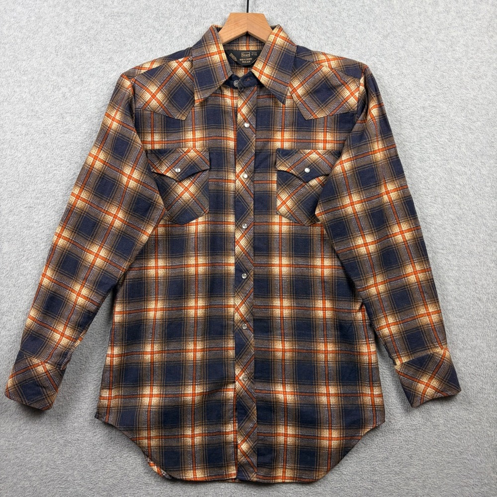 Vintage 70s Sears Printed Flannel Shirt Mens Medium Plaid Pearl Snap Western